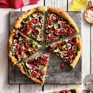 Feta, Roasted Red Pepper, Pesto & Black Olive Pizza