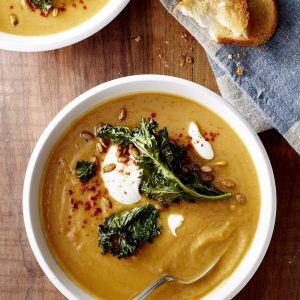 Sweet Potato Soup with Crunchy Kale and Spiced Pepitas