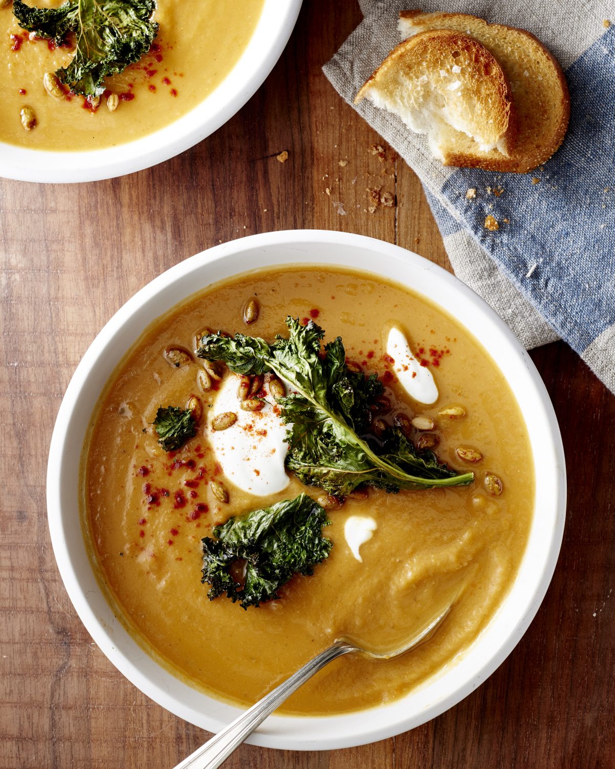 Sweet Potato Soup with Crunchy Kale and Spiced Pepitas