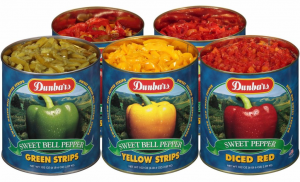Dunbars Sweet Bell Pepper #10 Can Family Photo, yellow pepper strips, green pepper strips, diced red peppers